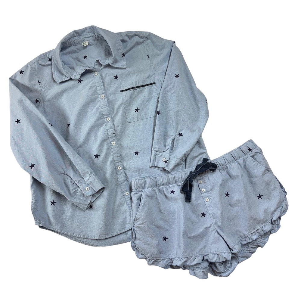 Aerie Women's Sleep Set Pajamas Button Down Top & Ruffle Boxers Monaco Blue XL